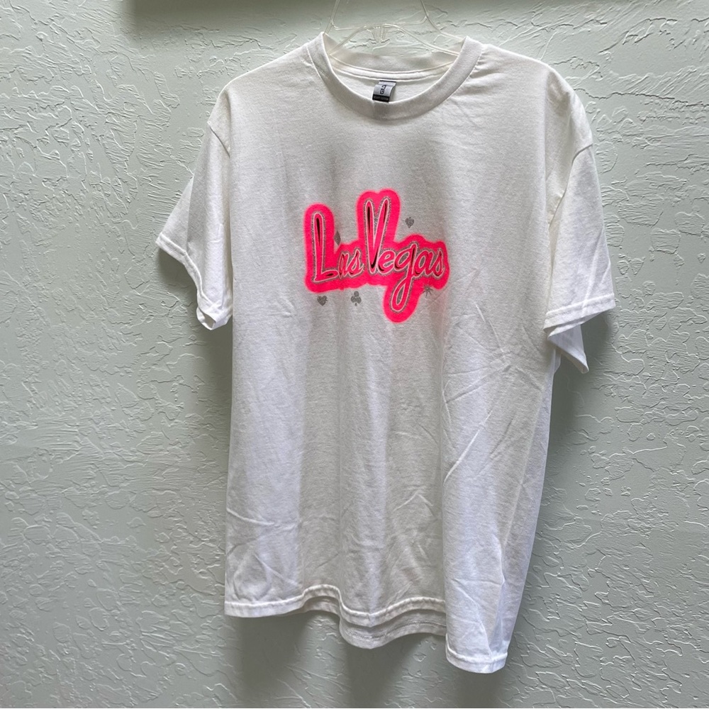 Vintage 90s Las Vegas Print Large T-Shirt Women's White w/ Hot Pink Neon Graphic - Picture 3 of 12